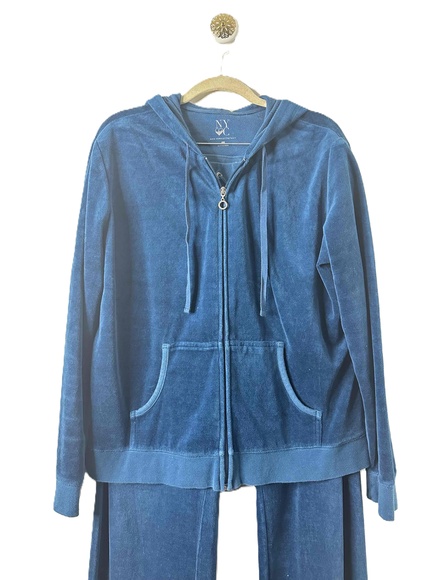 New York & Company Tracksuit Womens Size XL Blue Teal Hooded Velour Zip-up *read - Picture 3 of 16